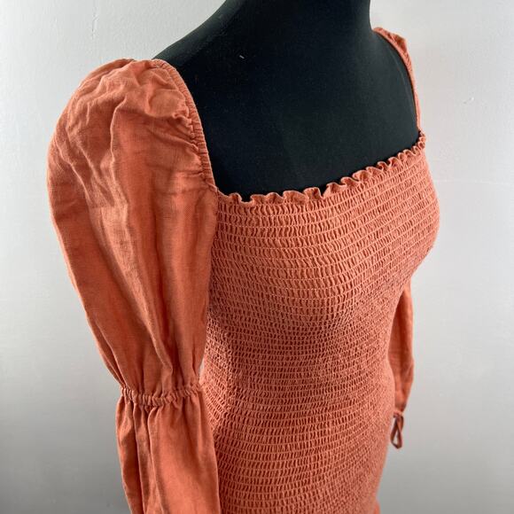 Reformation Hilary Coral Mini Smocked Dress Linen Square Double Puff Sleeves L - Picture 7 of 10